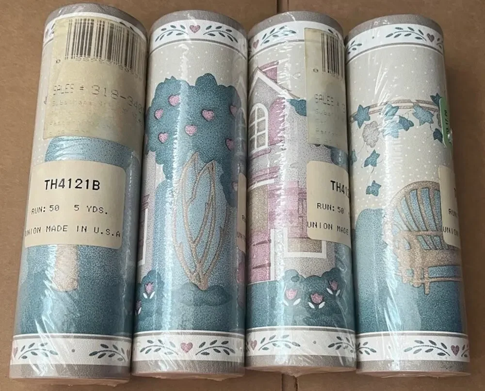 Countryside Wallpaper Border Country Cottage Garden Cat Green Hearts Blue 20Yds